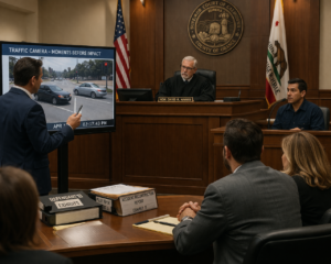 Courtroom setting with judge determining liability in a car accident case