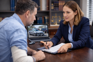 Personal injury attorney explaining car accident liability to a client in California