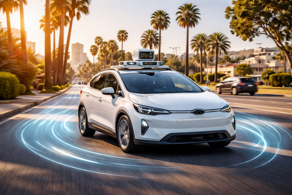 Autonomous vehicle on the road in California with visible sensors and cameras