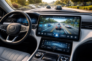 Close-up of a self-driving car dashboard showing navigation and system controls