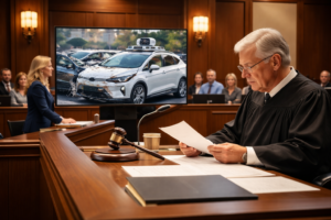 Courtroom scene with a judge deliberating over liability in an autonomous vehicle accident case