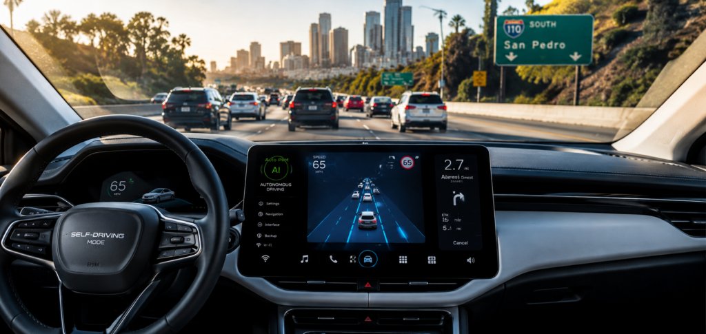 AI-powered self-driving car dashboard displaying navigation and safety monitoring systems