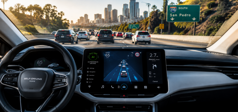 AI-powered self-driving car dashboard displaying navigation and safety monitoring systems