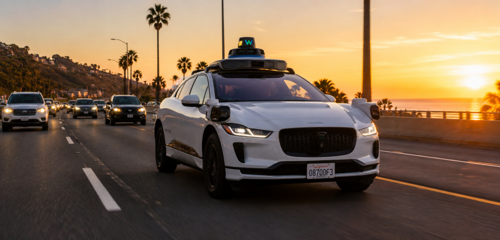 Autonomous vehicle equipped with sensors and cameras driving on a California roadway