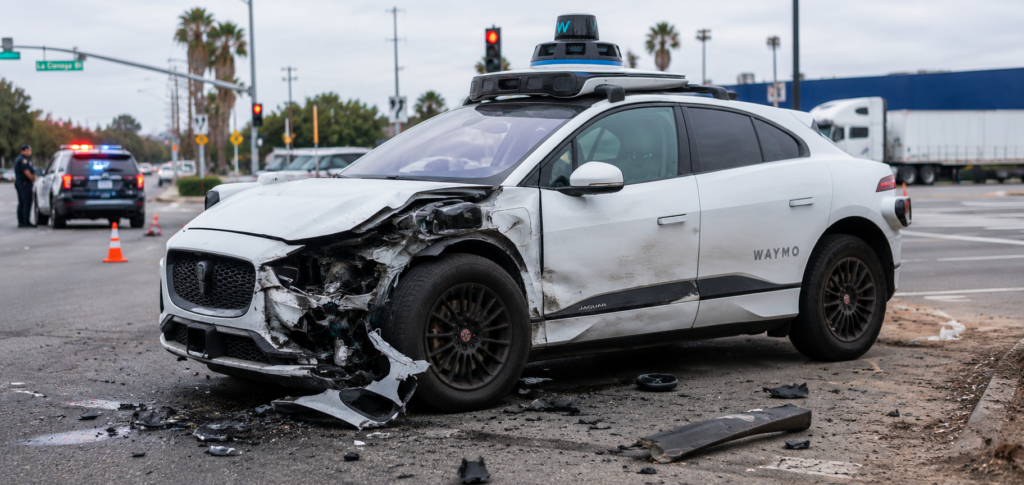 Damaged autonomous vehicle after a California traffic collision