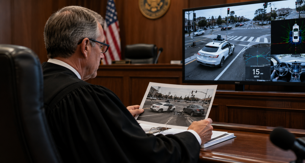 Judge reviewing evidence in an autonomous vehicle accident liability courtroom case