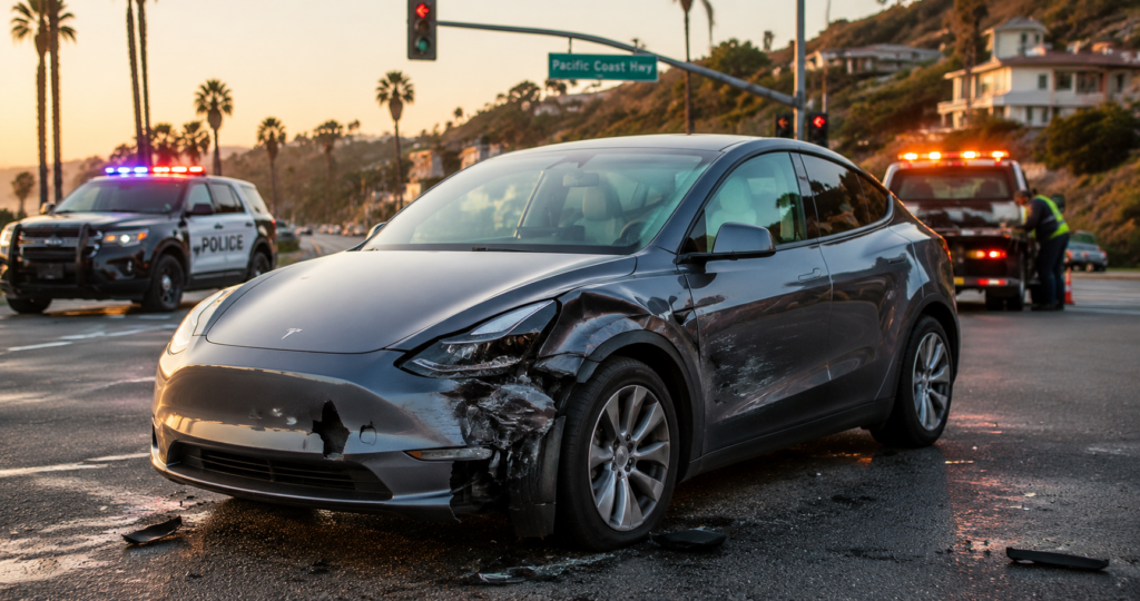 Damaged electric vehicle after California traffic accident showing front and side damage