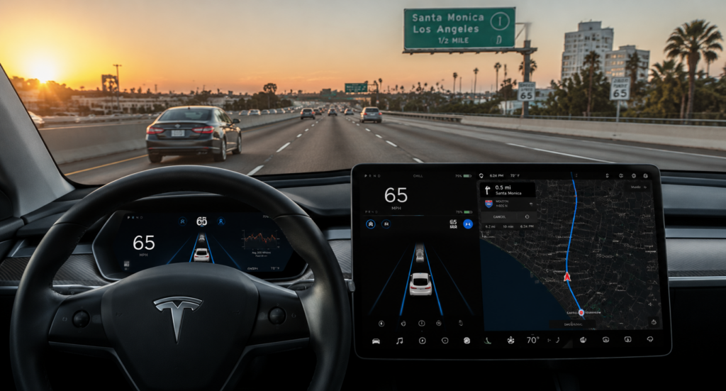 Electric vehicle dashboard showing navigation, speed, and autonomous driving system
