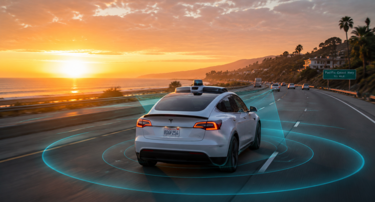 Electric vehicle driving on California roadway at sunset with sensors visible
