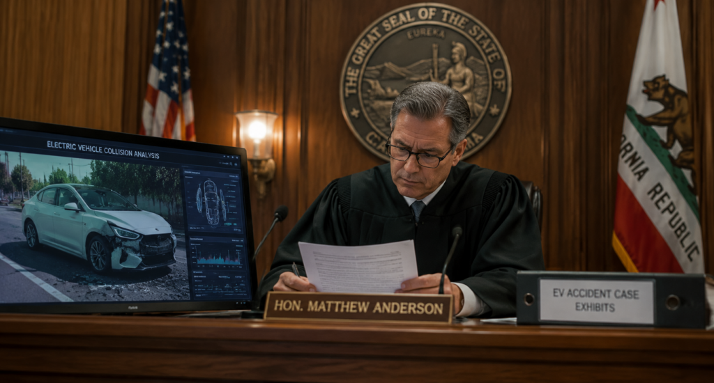 Judge reviewing evidence in EV accident case in California courtroom