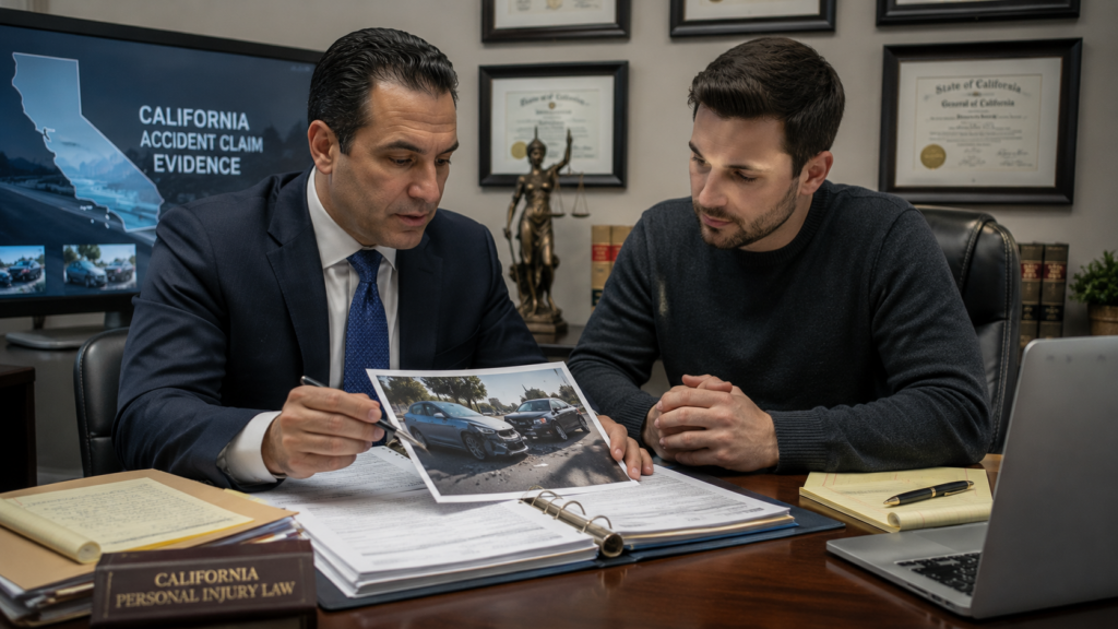 Attorney and client reviewing California car accident evidence and claim documents
