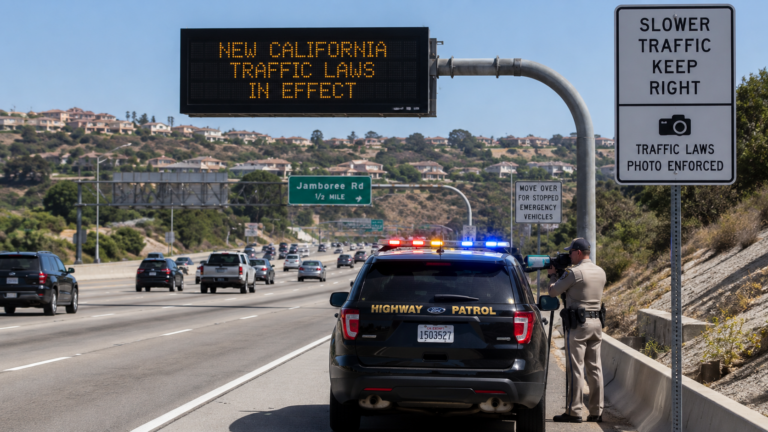 California highway with new traffic enforcement signs and law enforcement monitoring