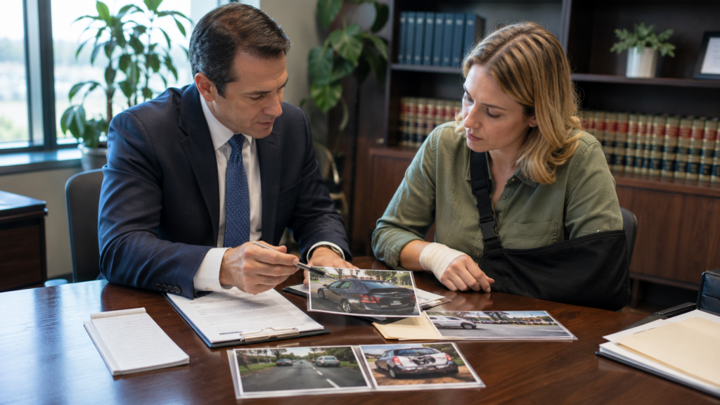 Attorney reviewing California roadside collision evidence and liability documents