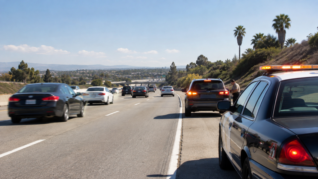 California highway with stopped vehicle and law enforcement enforcing the 2026 Slow Down Move Over law