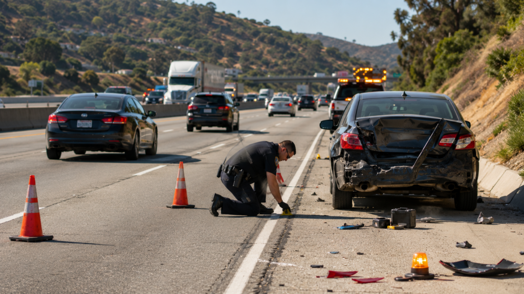 California roadside collision investigation with police examining stopped vehicle and roadway evidence