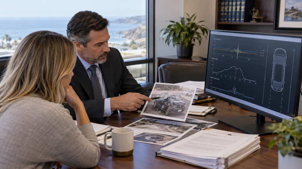 Attorney and client reviewing connected car telemetry and crash evidence after a California vehicle accident
