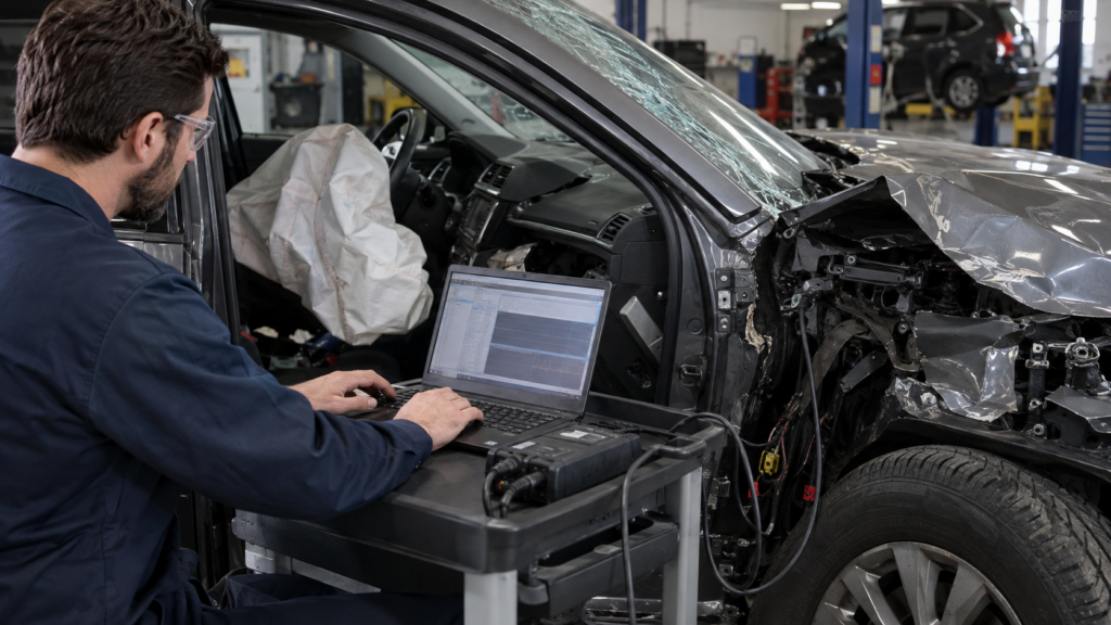 Technician extracting event data recorder information from a damaged vehicle after a California car accident