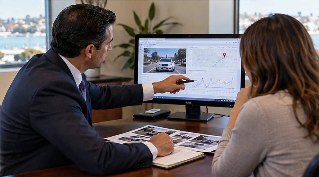 Car accident attorney discussing roadway photographs and vehicle evidence with a client